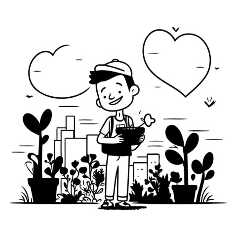 Vector illustration of a man watering flowers in the garden with