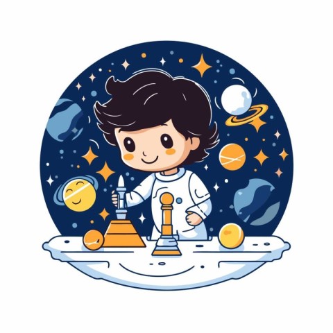 Cute cartoon boy playing chess on the moon. Vector illustration.