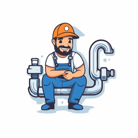 Plumber with drill. Vector illustration in cartoon style on whit