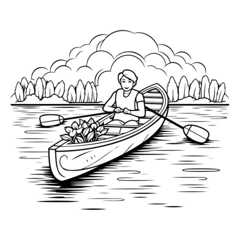 man in a canoe on the lake. black and white vector illustration