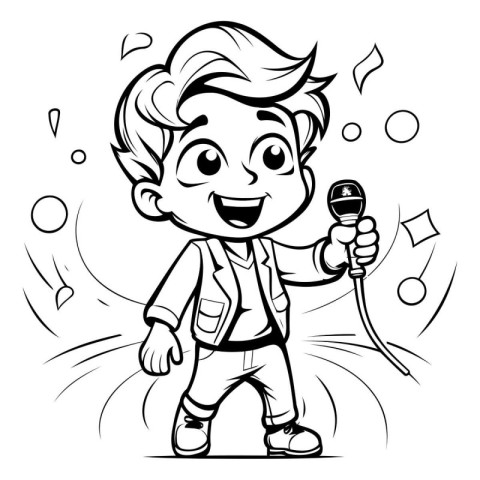 Black and White Cartoon Illustration of Kid Singing with Microph