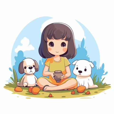 Cute little girl sitting on the grass with her dogs. vector illu