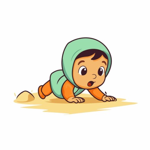 Cute little baby boy crawling in the sand. Vector illustration.