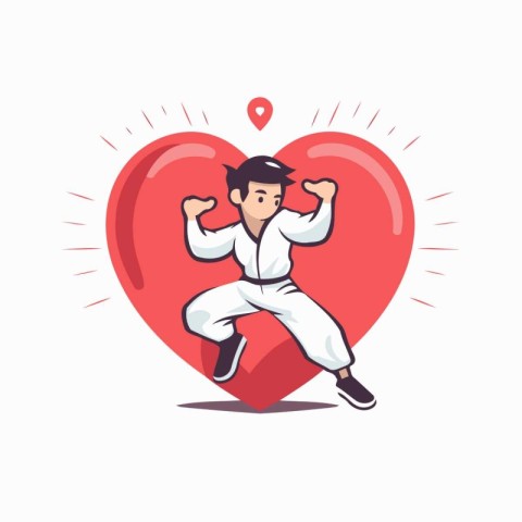 Karate man with red heart. Vector illustration in cartoon style.