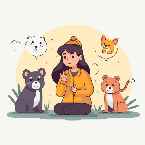 Vector illustration of a girl in a hat with a dog and a bear.