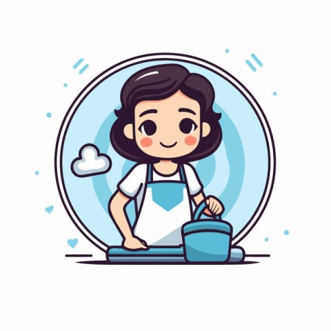 Cute little girl cleaning the house. Vector flat cartoon illustr