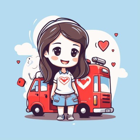 Cute little girl and red bus with heart. Vector illustration.