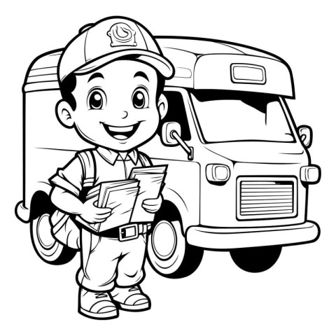 Black and White Cartoon Illustration of a Kid Boy Driving a Truc