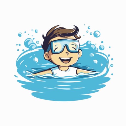 Swimming boy with goggles and cap in the water vector illustrati