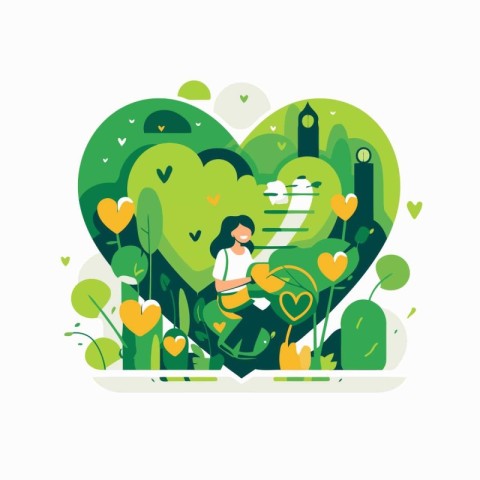 Vector illustration of a girl sitting on the grass in the park.