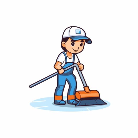 Cleaning service worker with broom. Vector illustration in carto