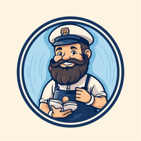 Vector illustration of a bearded sailor holding a cup of coffee