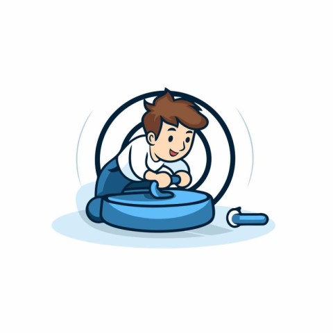 Illustration of a boy playing on a robotic vacuum cleaner. Vecto