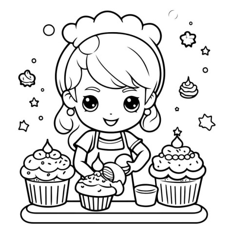 Coloring Page Outline Of cartoon girl baking cupcakes. Vector il