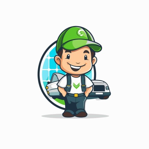 Cute mechanic with car cartoon character vector illustration. Au