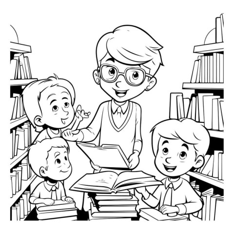 Black and White Cartoon Illustration of Kids Studying or Learnin