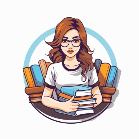 Vector illustration of a female student holding a stack of books