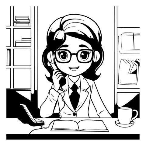 Businesswoman talking on the phone in office. Black and white il