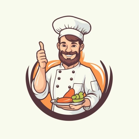 Chef holding plate with vegetables and thumbs up. Vector illustr