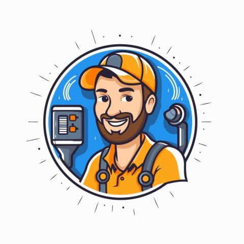 Vector illustration of mechanic in helmet and overalls. Repair s