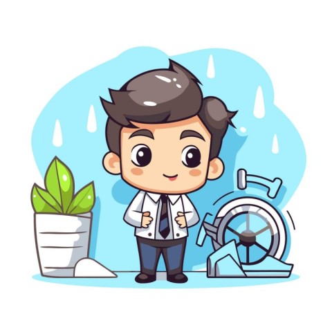 Businessman standing in front of the water tap. Vector illustrat