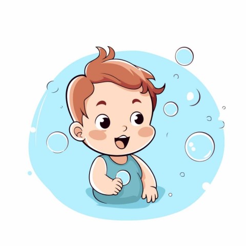 Cute little baby boy swimming in the pool cartoon vector illustr