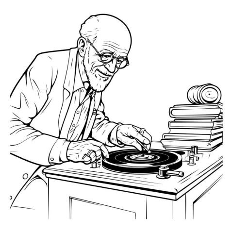 Elderly man playing vinyl record. Black and white vector illustr