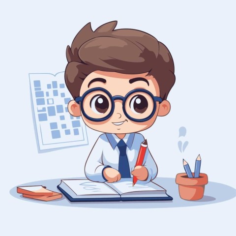 Cute boy doing his homework. Vector illustration. Cartoon style.