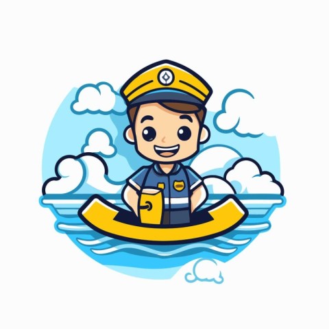 Cute sailor boy in a boat on the sea. vector illustration