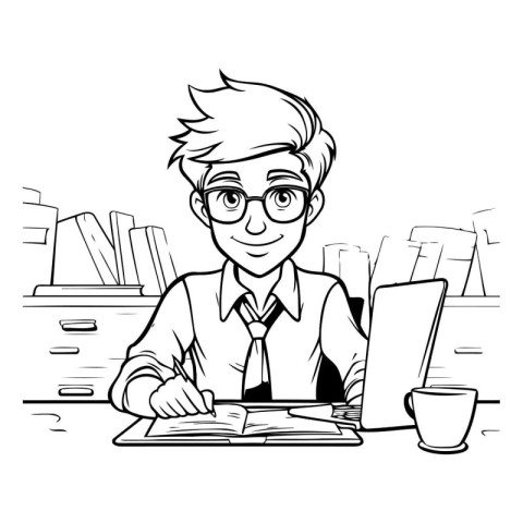 teacher reading a book on the table - black and white vector ill