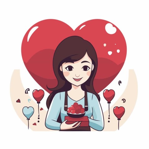 Cute cartoon girl holding a gift in the shape of a heart