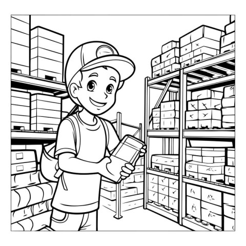 Black and White Cartoon Illustration of Cute Little Boy Working