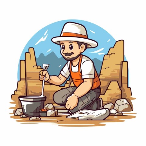 Cartoon man with shovel and bucket in the desert. Vector illustr