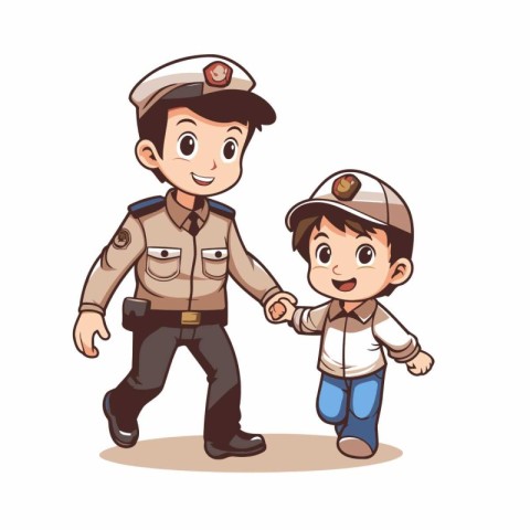 Vector illustration of a boy and his father walking with police