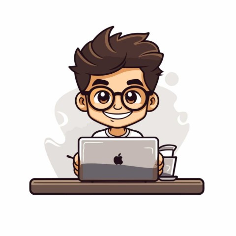 Cute boy working on his laptop. Vector cartoon character illustr