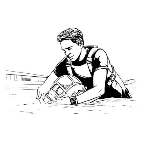 Rescue man. Black and white illustration of rescue man in action