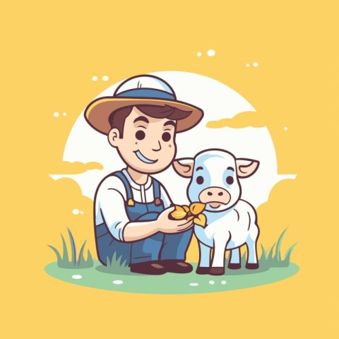 Farmer with cow. Vector illustration in cartoon style on yellow