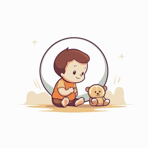 Cute little boy playing with teddy bear. Vector illustration.