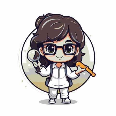 Scientist girl with magnifying glass and tool cartoon vector ill