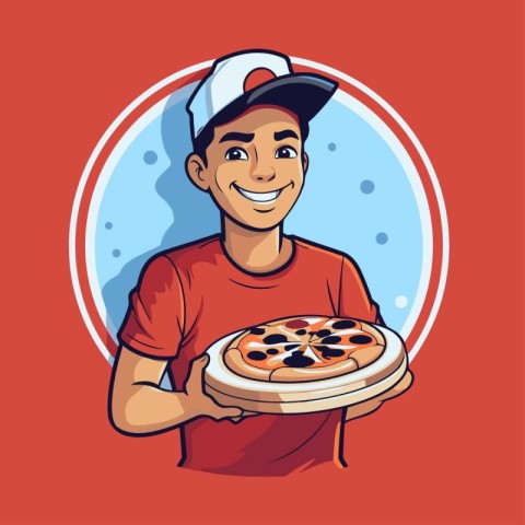 Pizza delivery man holding pizza. Vector illustration in cartoon