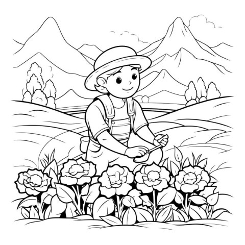 Coloring Page Outline Of a Gardener in the Field with Flowers