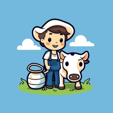 Cute cartoon farmer and cow. Vector illustration on blue backgro