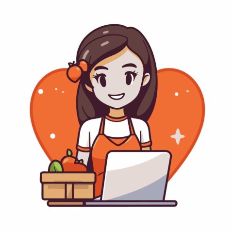 Cute girl with a laptop in her hands. vector illustration.