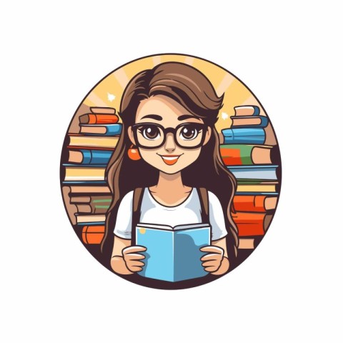 Cute girl reading a book in the library. Vector illustration.