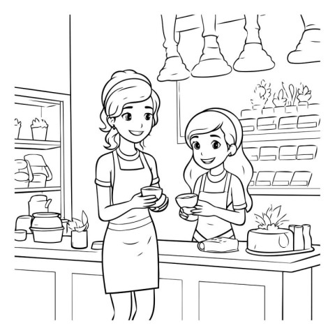 Coloring Page Outline Of Mother and Daughter Cooking Food In Kit