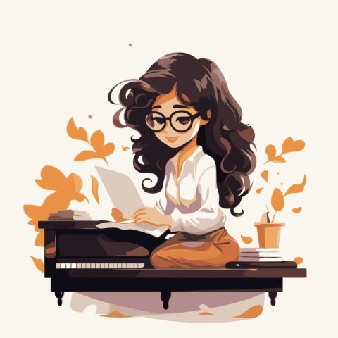 Girl working at a typewriter. Vector illustration in a flat styl