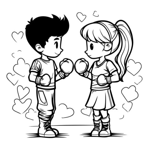 Boy and girl boxing with hearts on the background. Vector illust