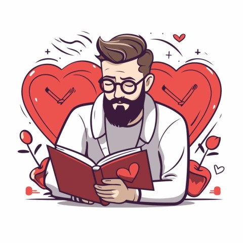 Vector illustration of a bearded man reading a book with red hea