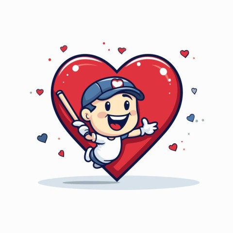 Cute boy baseball player holding heart. Vector cartoon character