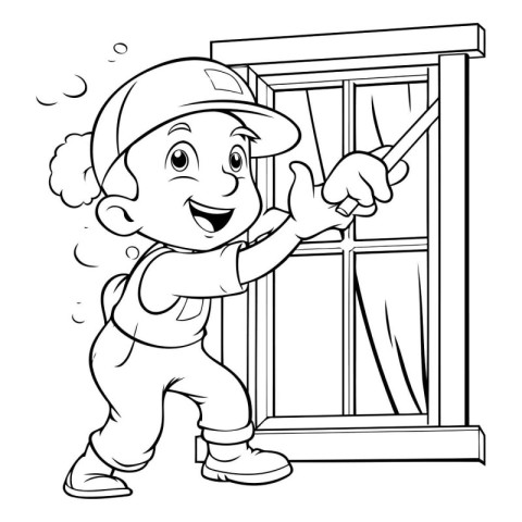 Black and White Cartoon Illustration of Cute Little Boy Repairin